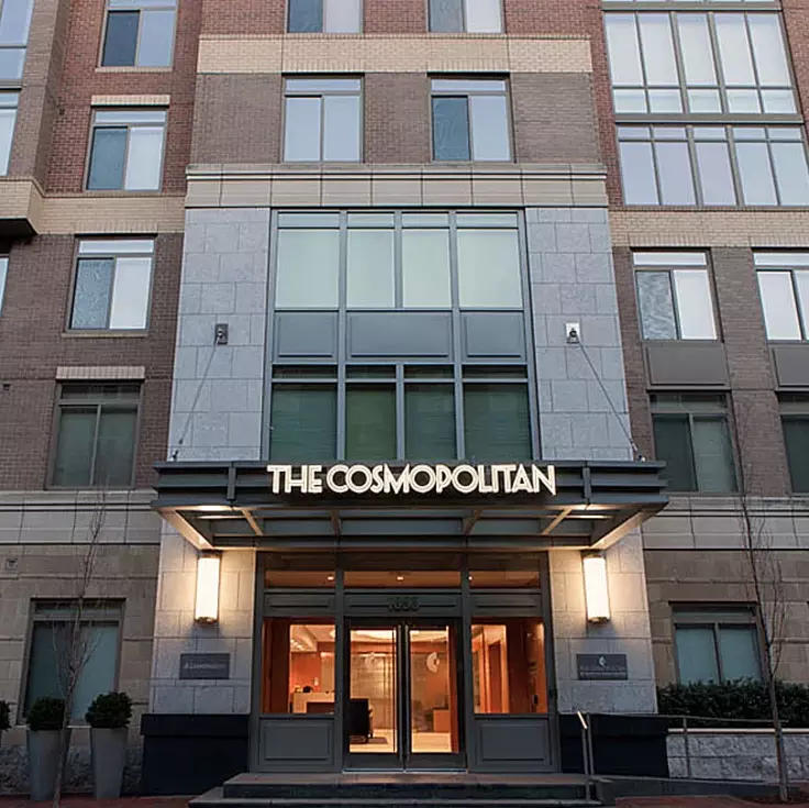 Exterior Signage in art deco style for The Cosmopolitan Condos in Reston Town Center