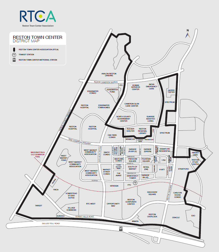 map showing the boundaries of the Reston Town Center and the names of individual developments