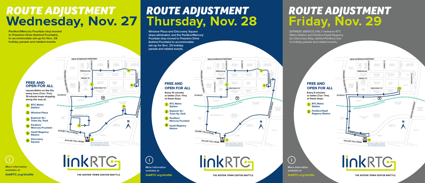 linkRTC routes and schedules will be adjusted November 27-29 for the holiday parade and activities.