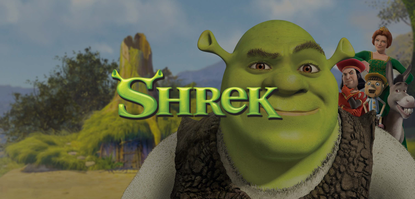 scene from Dreamwork's Shrek movie shows Shrek in front of Lord Farquaad, Pinocchio, Donkey and Princess Fiona